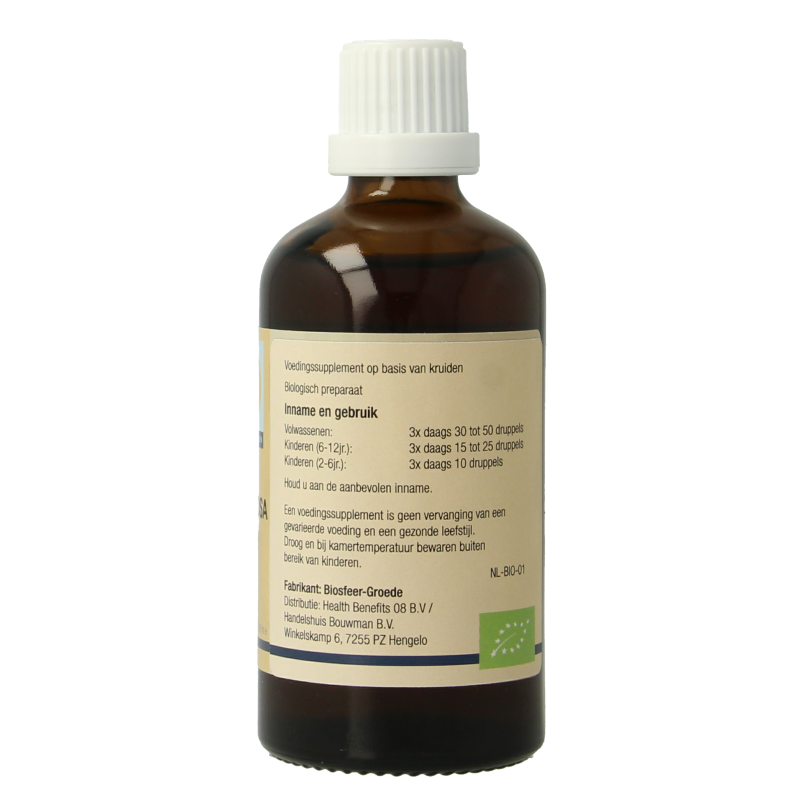 GO Alnus glutinosa bio herbal supplement in 100ml bottle, part of GO kruidenpreparaten line, with a label showing plant image and branding.