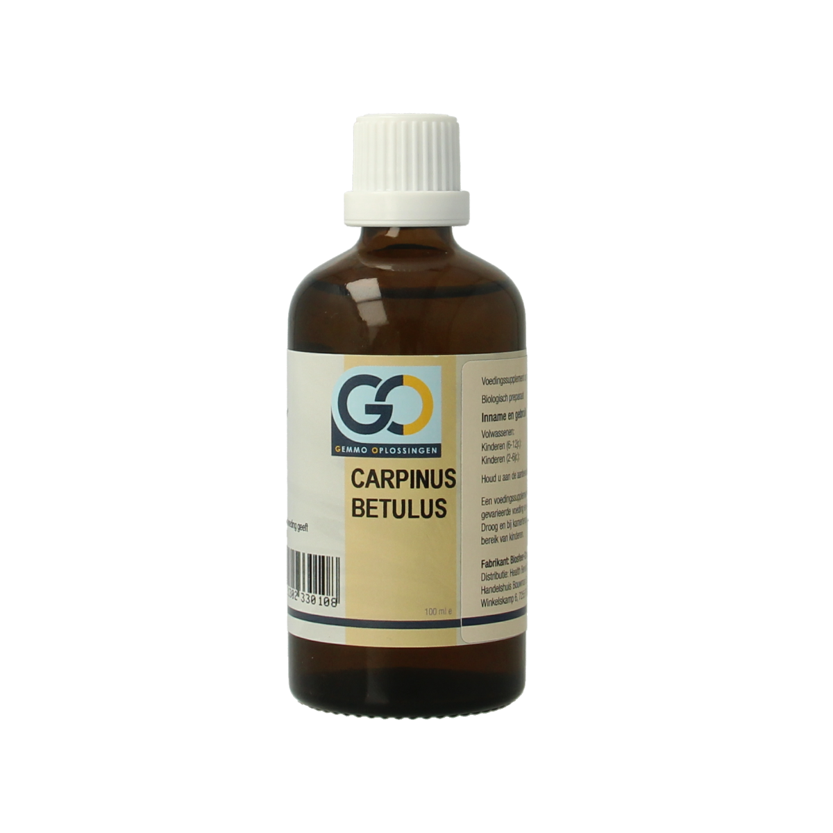 Container of GO Carpinus betulus bio herbal preparation in a 100ml bottle, shown with the label and product packaging.