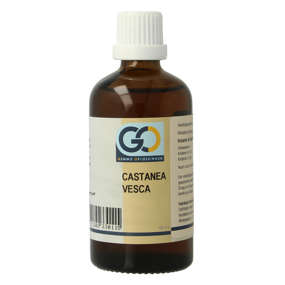 GO bio Castanea vesca herbal supplement bottle, 100ml, from GO's herbal preparations collection, featuring a white label and blue cap.