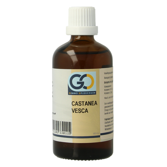 GO bio Castanea vesca herbal supplement bottle, 100ml, from GO's herbal preparations collection, featuring a white label and blue cap.