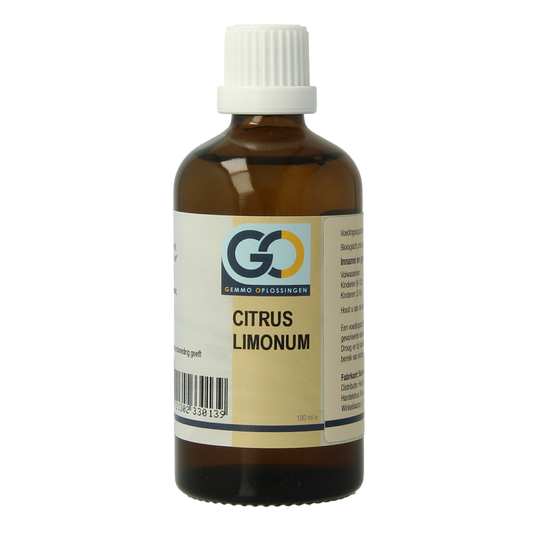 Organic GO Citrus limonum herbal preparation in a 100ml bottle, featuring bright lemon illustrations on the label.
