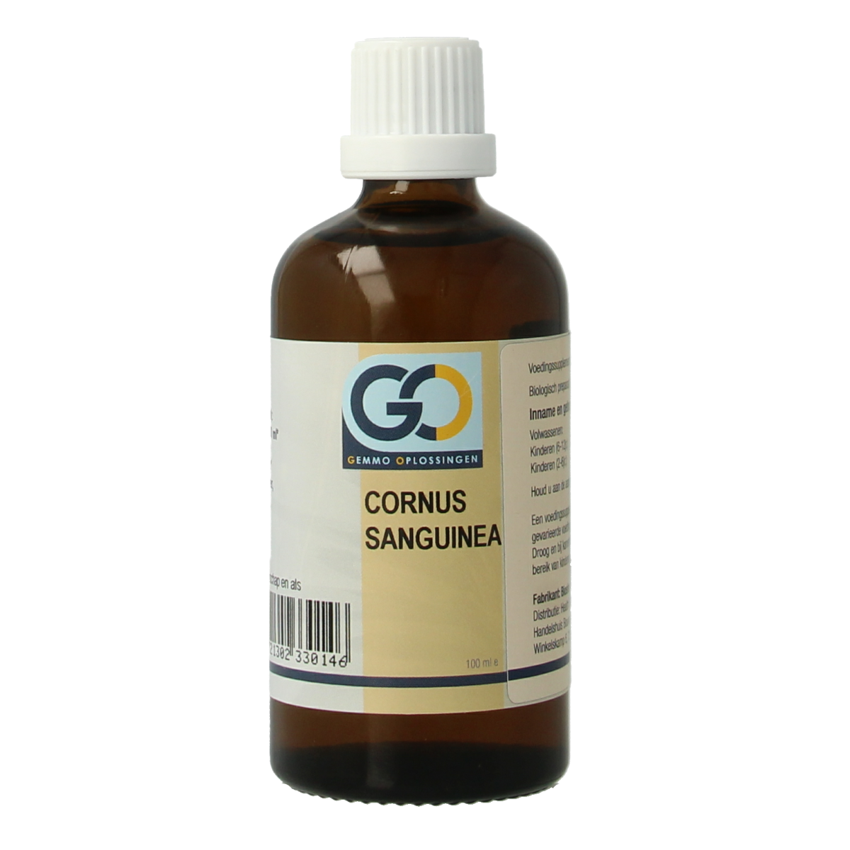 Bottle of GO Cornus sanguinea organic herbal preparation in a 100ml container, showcasing the product label and packaging.