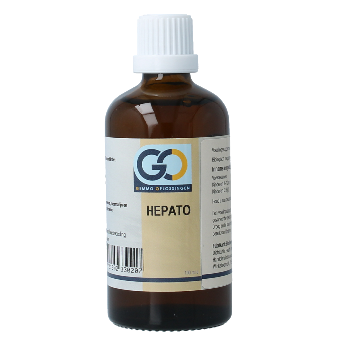 Bottle of GO Hepato bio herbal supplement, 100ml, in a clear container with a label showing product details and branding.