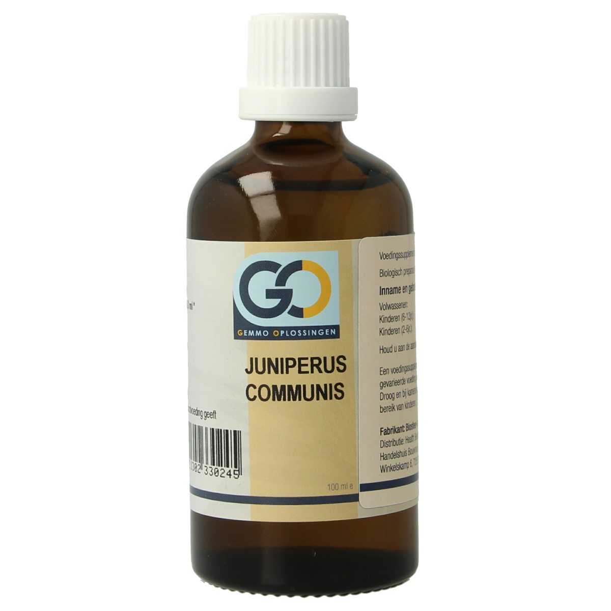 Botanical extract bottle of GO Juniperus communis bio herbal preparation, 100ml, with a label showing the brand and product details.