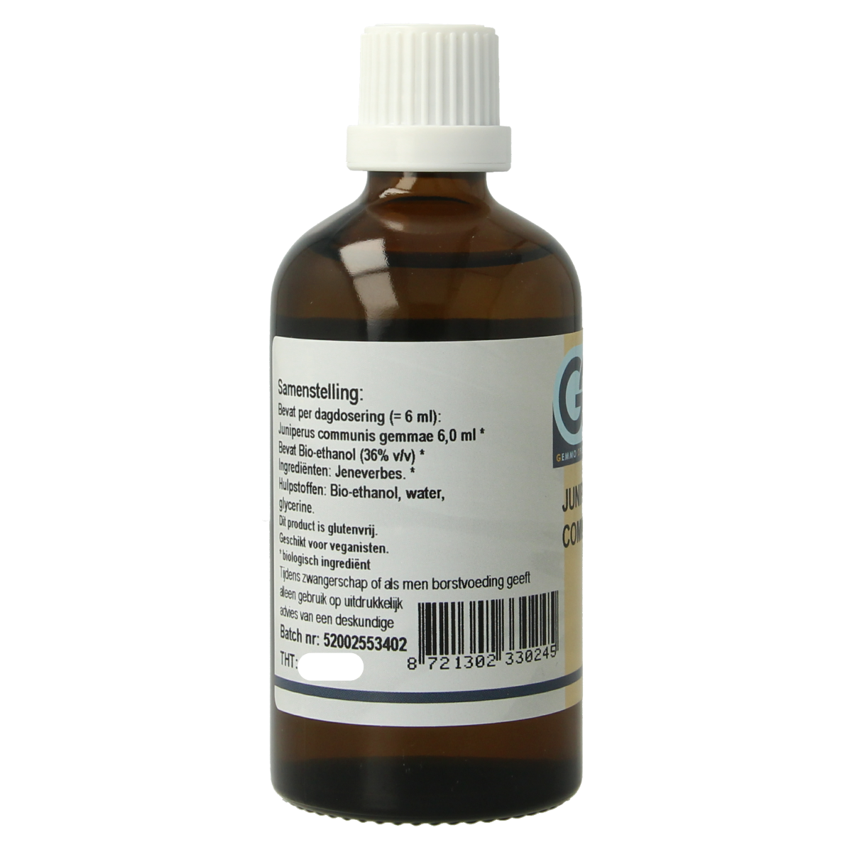 Bio GO Juniperus communis herbal extract bottle, 100ml, part of GO's kruidenpreparaten collection with a white label and green accents.