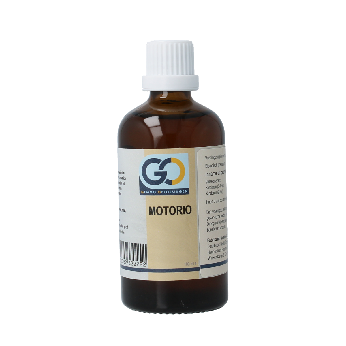 GO Motorio bio herbal supplement bottle with label, 100ml, featuring natural ingredients and GO branding.