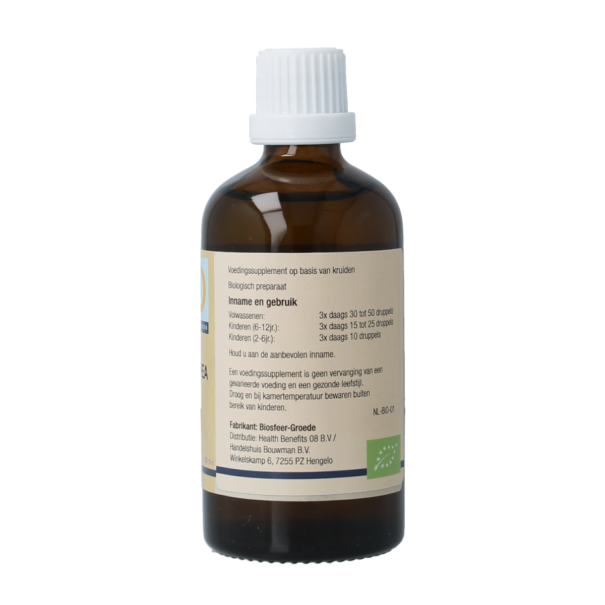Bottle of GO Olea Europea bio herbal preparation, 100ml, with green and white label, showcasing natural olive leaf extract.