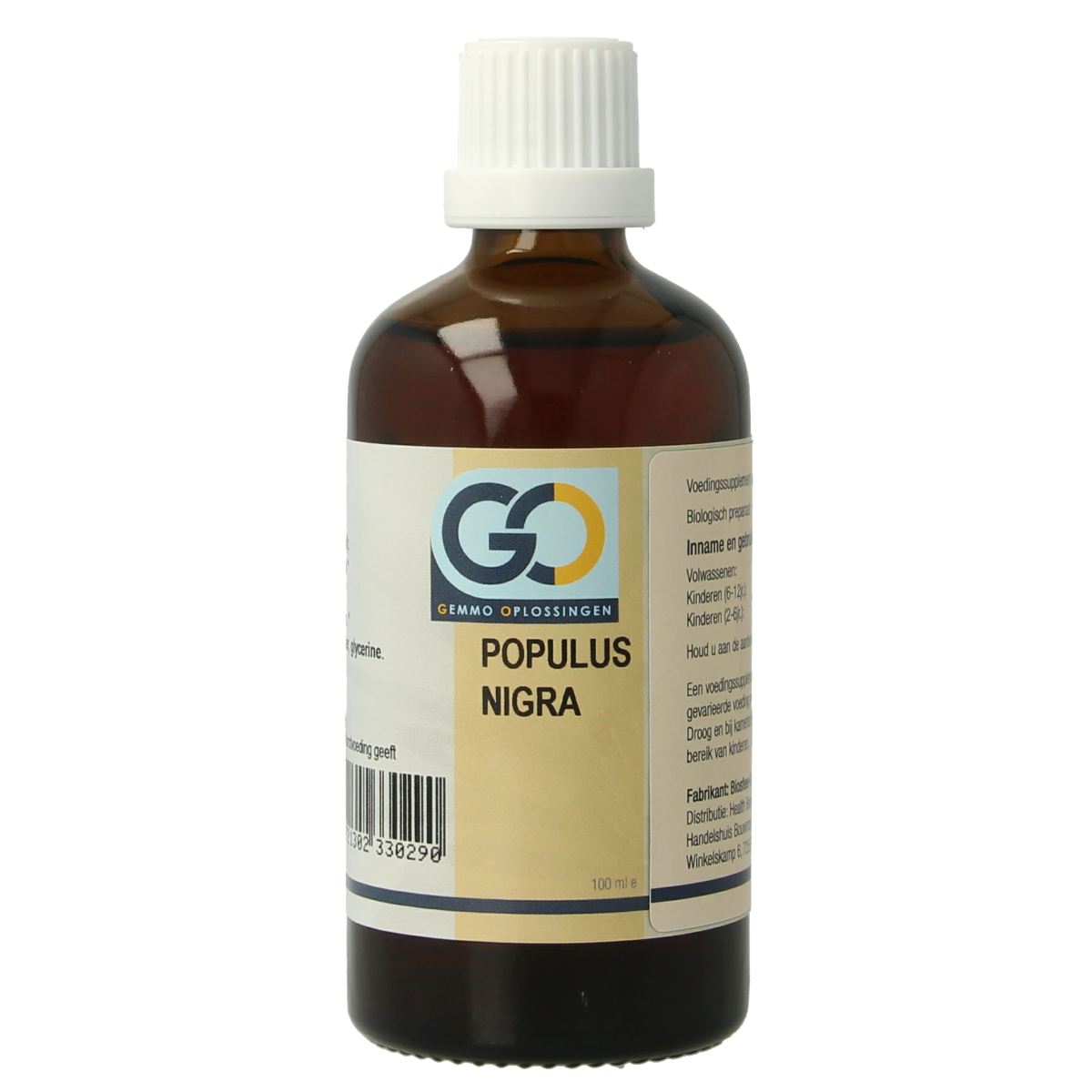 GO Populus nigra bio herbal preparation in a 100ml bottle, featuring a dark liquid with a label displaying product and brand info.