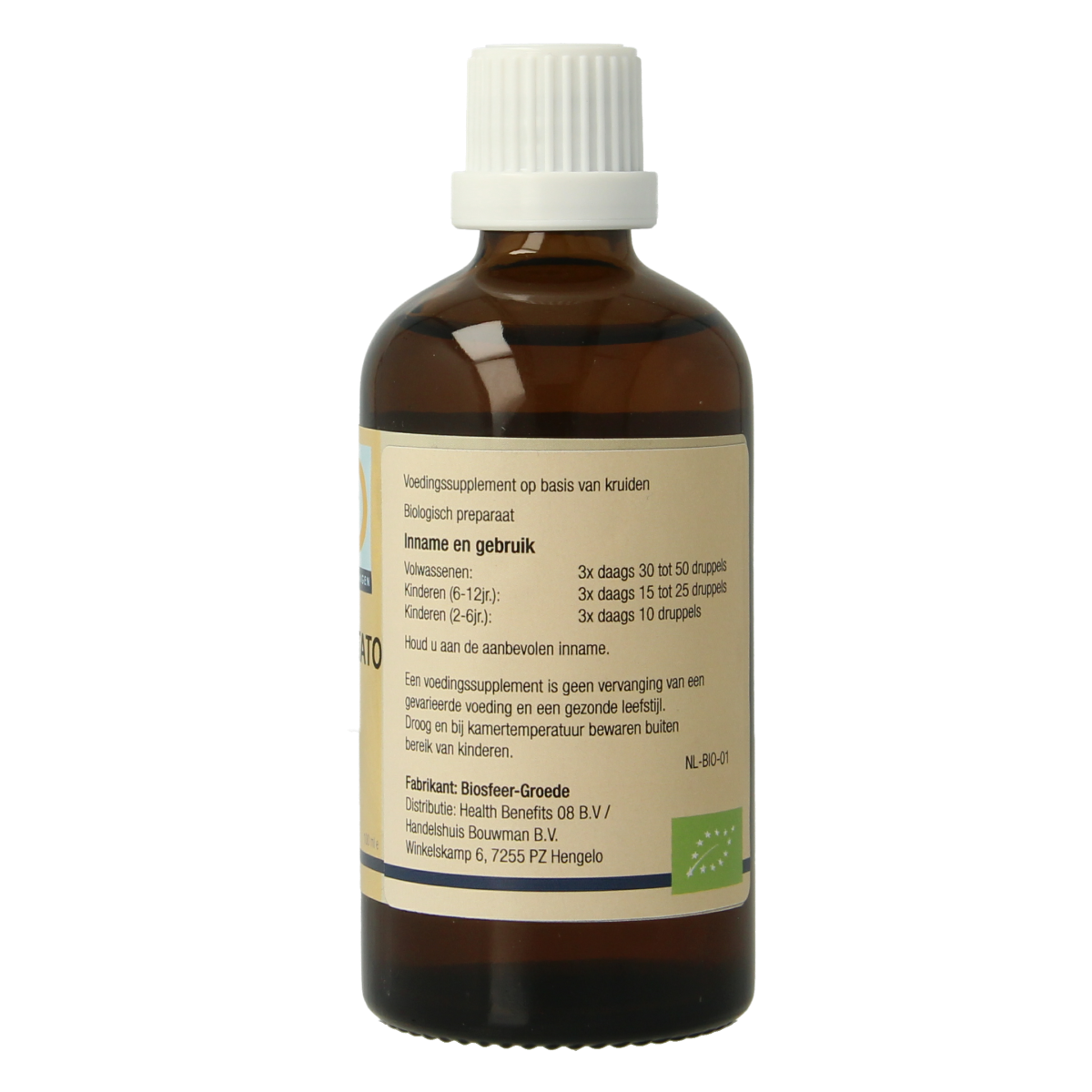 Bottle of GO Prostato bio herbal supplement with 100ml capacity, featuring herbal ingredients on the label.