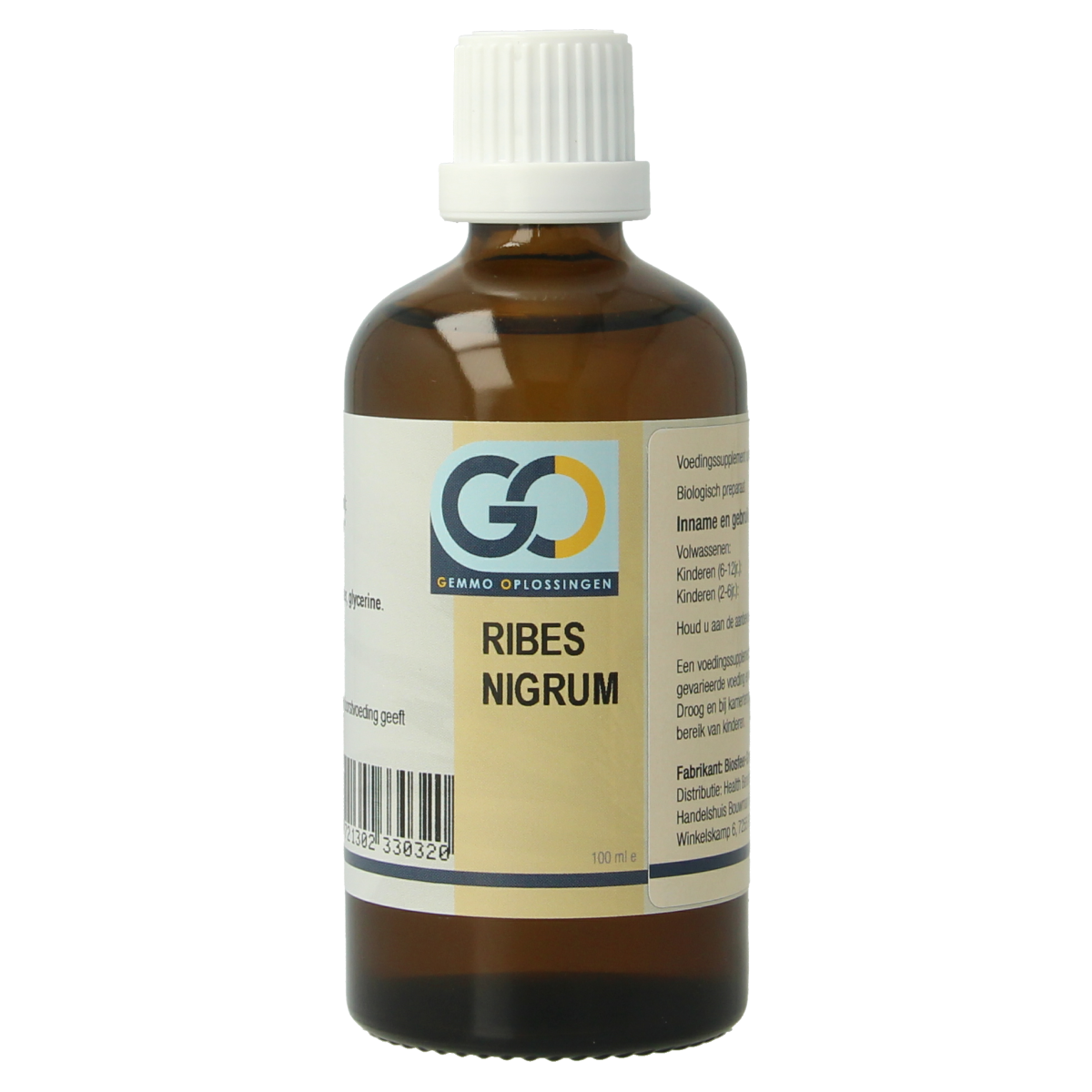 Bottle of GO Ribes Nigrum organic herbal extract, 100ml, with label showing black currant illustration and product details.