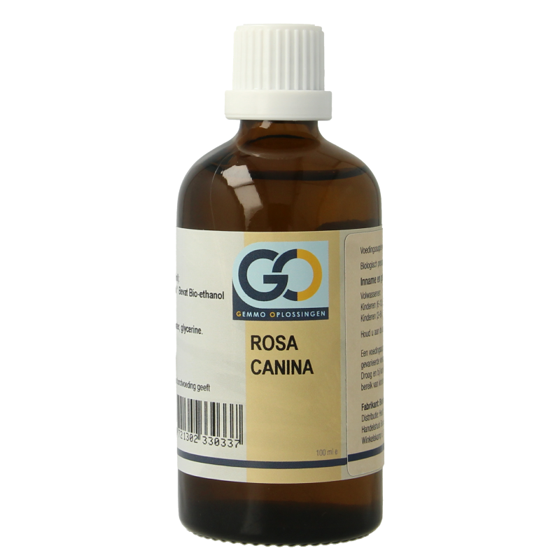 GO Rosa Canina bio herbal supplement in a 100ml bottle, featuring fresh rosehip berries and herbal ingredients in a natural binding.