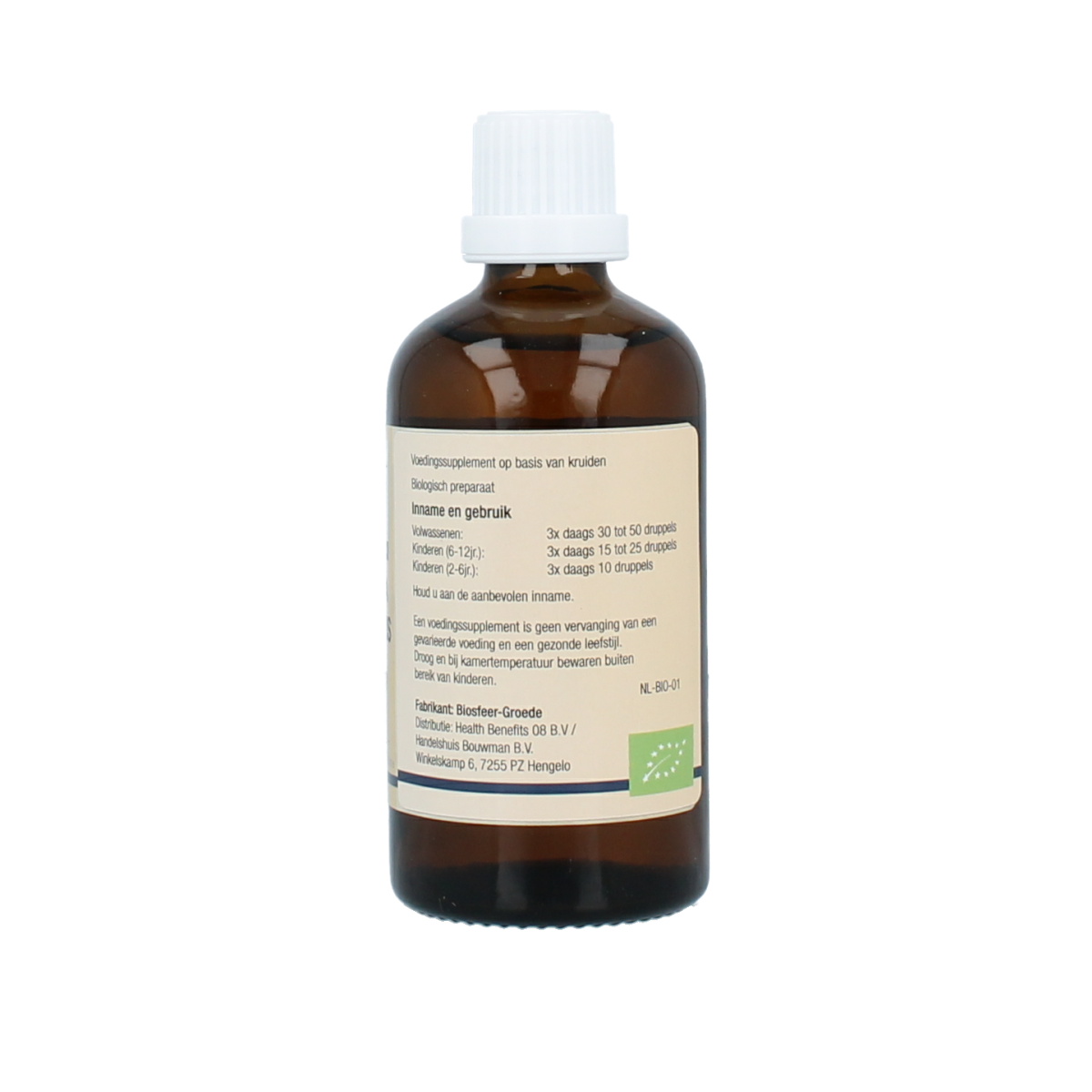 Bottle of GO Syringa vulgaris bio herbal preparation, 100ml, featuring a white label and transparent cap, used in herbal remedies.