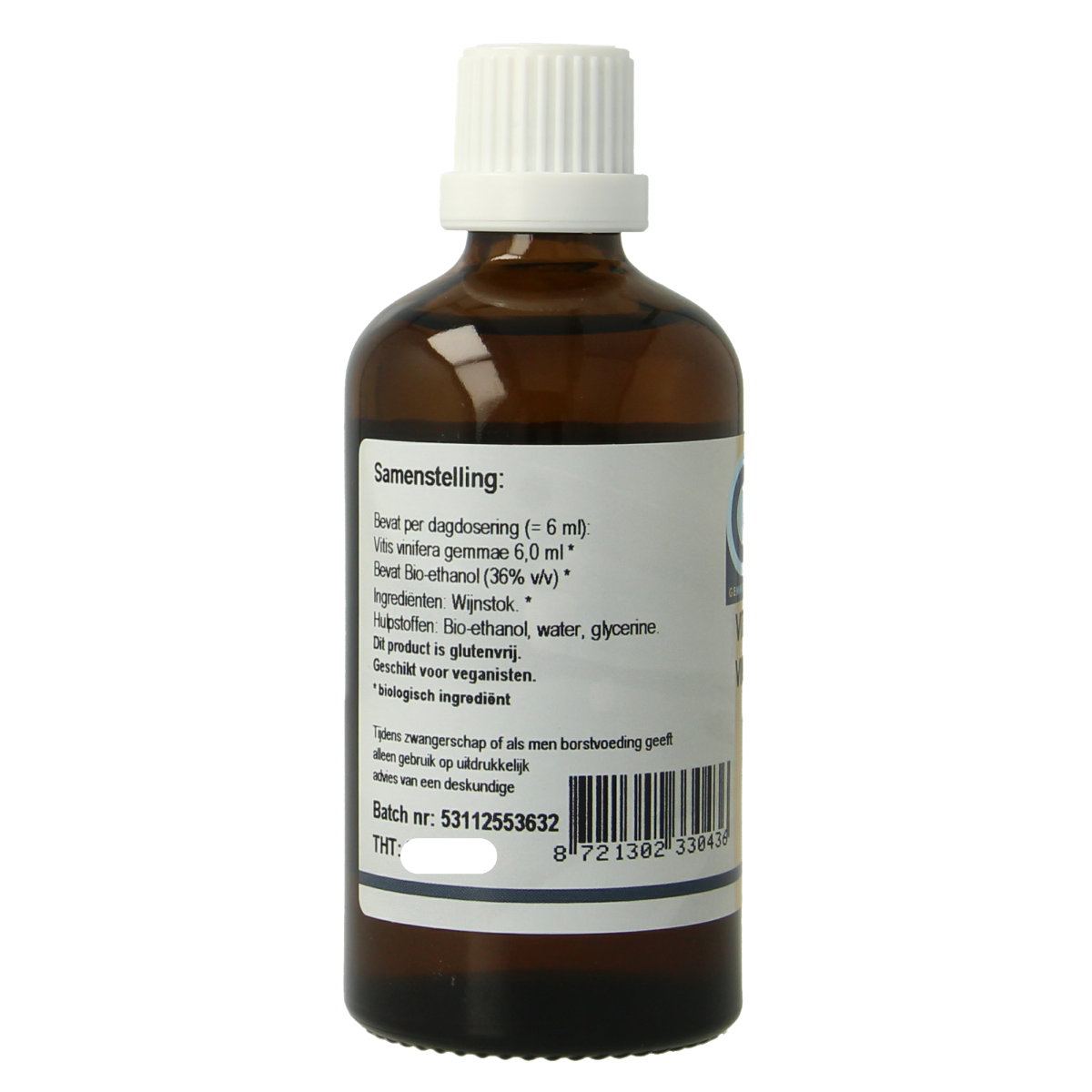 Bottle of GO Vitis vinifera bio herbal preparation in a 100ml glass container, labeled with product details and branding.
