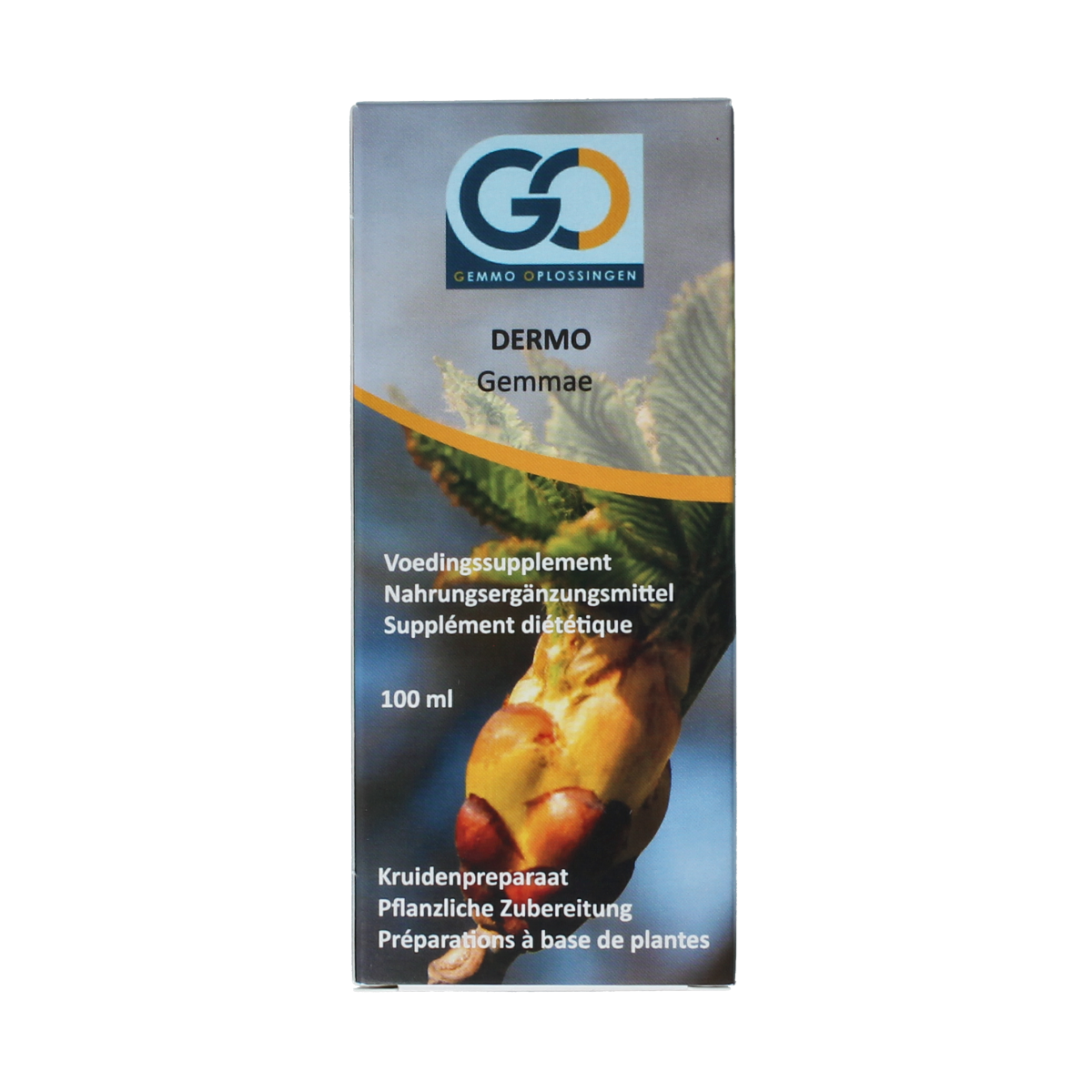GO Dermo bio herbal preparation in a 100ml container, featuring natural ingredients for skin care.