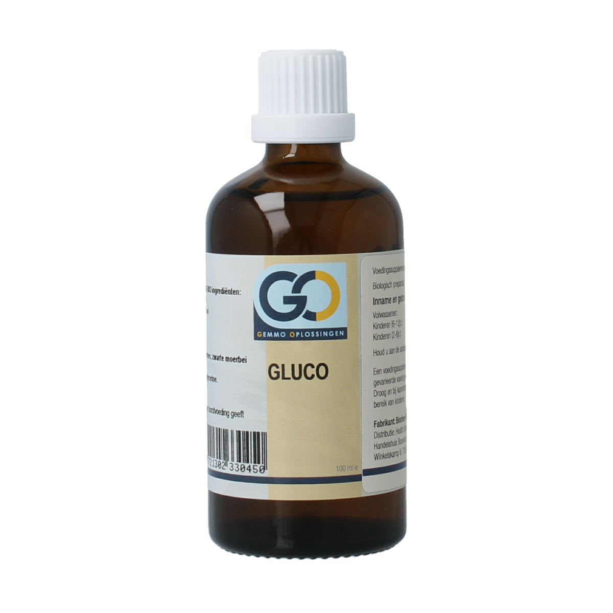 Bottle of GO Gluco bio herbal supplement, 100ml, in a clear glass container with a label showing herbal ingredients.