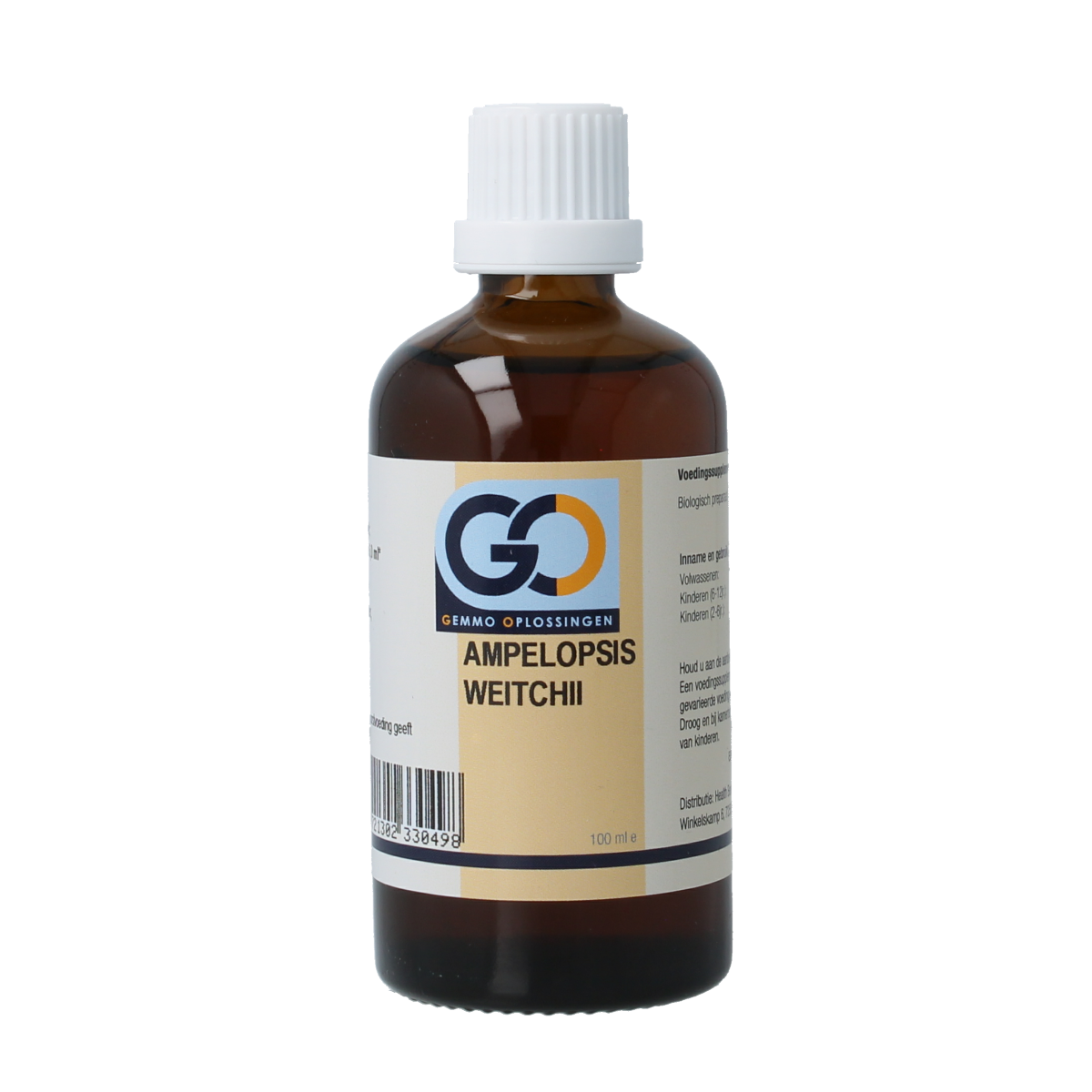 Bottle of GO Ampelopsis weitchii bio herbal preparation in a 100ml glass container with a label and cap.