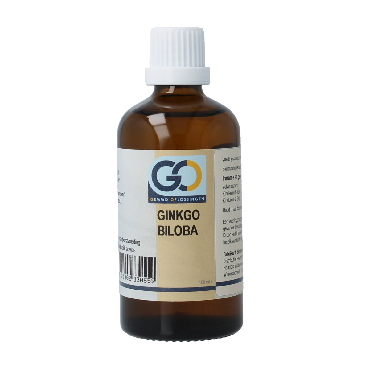 Bottle of GO Ginkgo biloba bio herbal supplement, 100ml, in a clear container with label showing brand and product details.