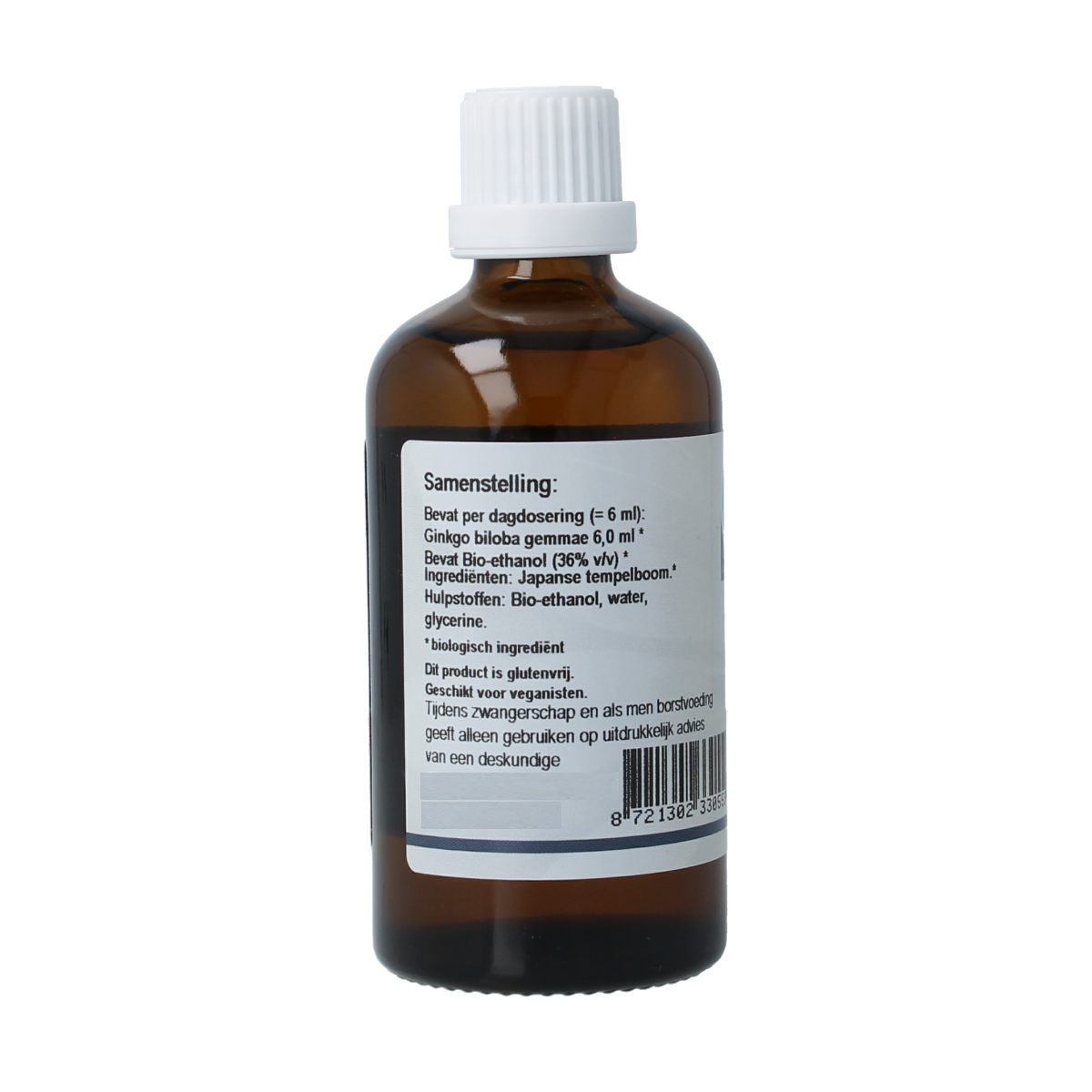 Bottle of GO Ginkgo biloba bio herbal supplement, 100ml, in a clear glass container with a green label and white cap.
