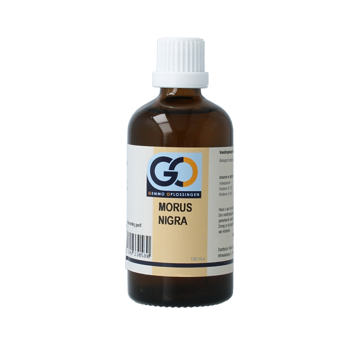 Bottle of GO Morus nigra bio herbal preparation, 100ml, with a clear label showing the brand and product details.