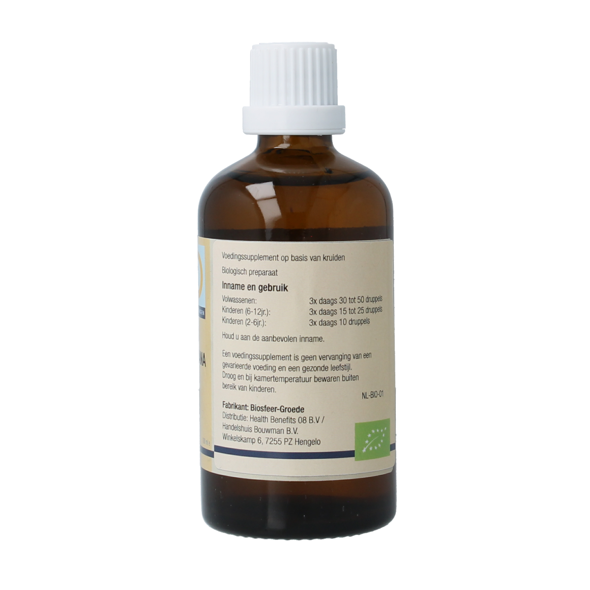 Botanical image of GO Pinus montana bio herbal preparation in a 100ml bottle, showcasing natural plant ingredients.