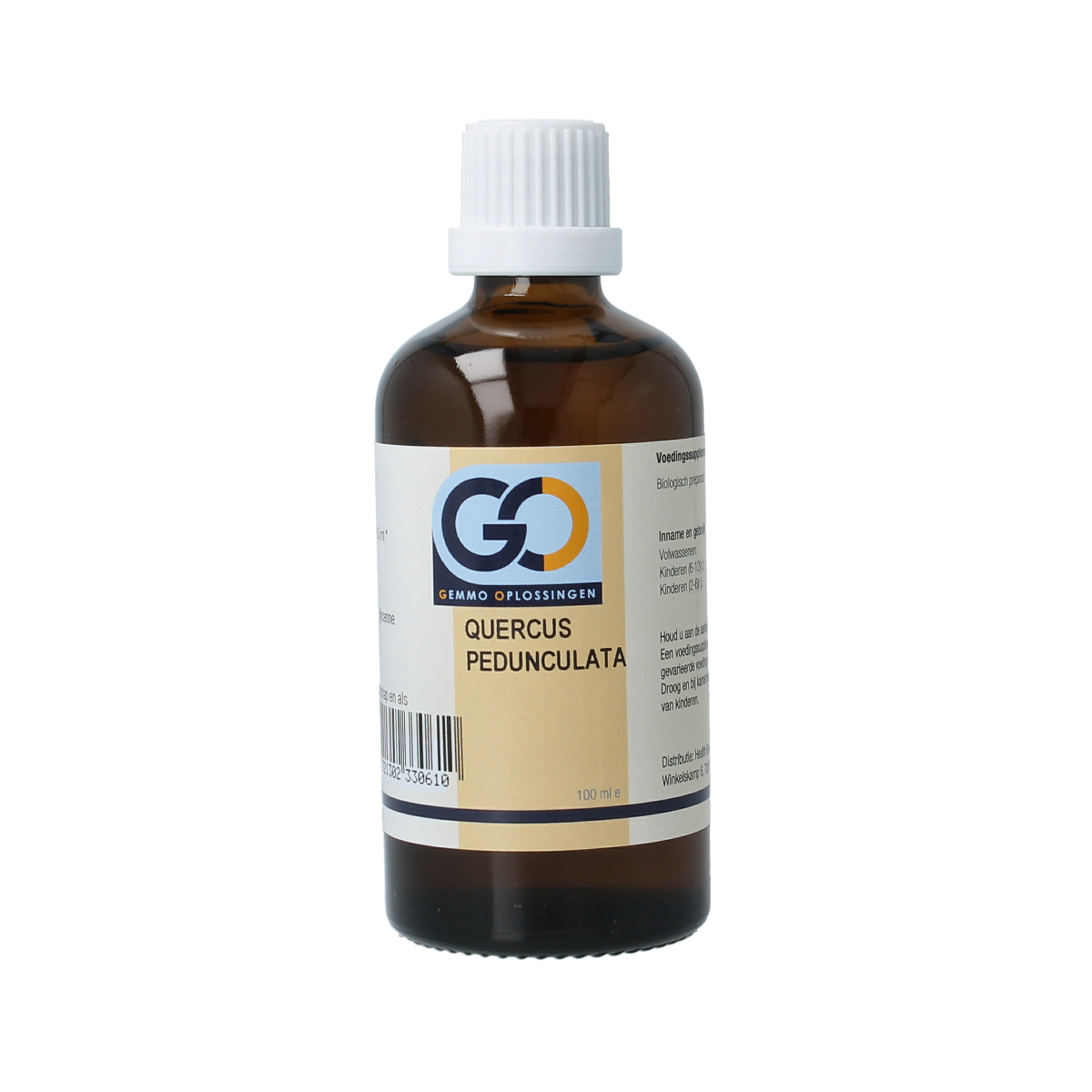 Bottle of GO Quercus pedunculata herbal preparation in a 100ml container, with the product label visible.