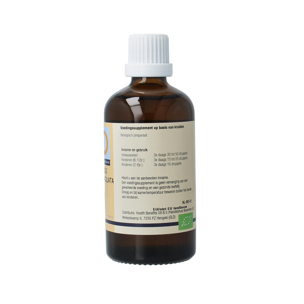 Bottle of GO Quercus pedunculata herbal preparation, 100ml, with label showing product details, in a clear view.