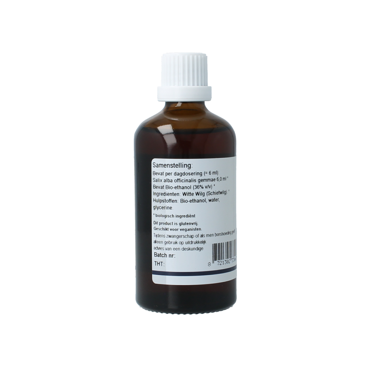 GO Salix alba bio herbal extract bottle, 100ml, in a clear glass container with a white cap, labeled with product details.