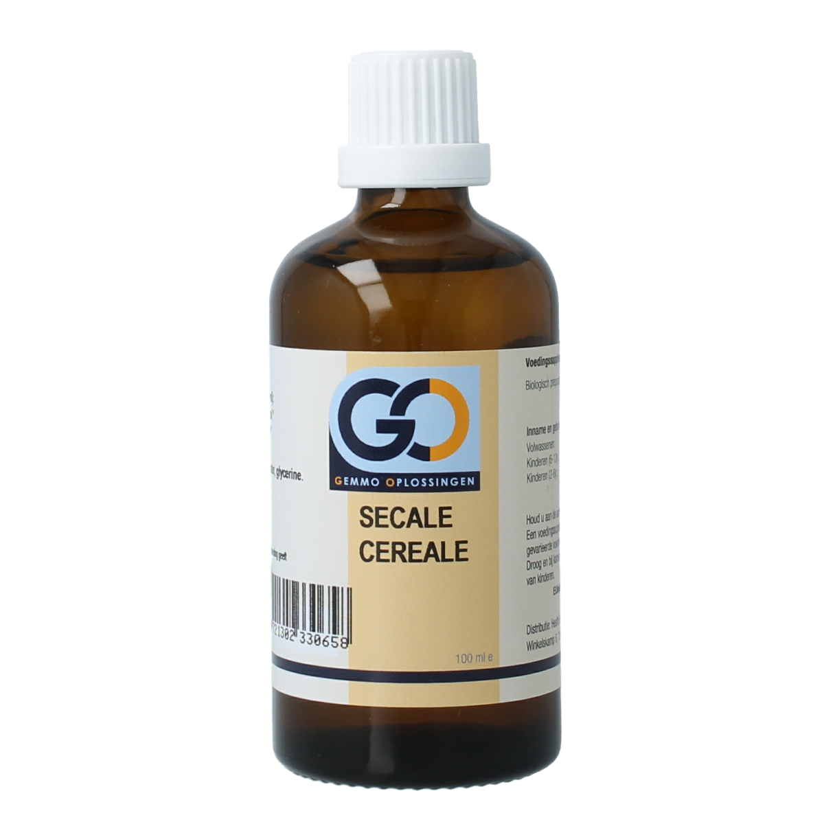 Bio GO Secale cereale herbal tincture bottle labeled "Kruidenpreparaten" with a dark glass container and white cap.