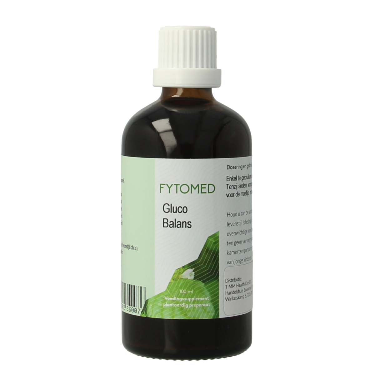 Fytomed Gluco Balans bio herbal supplement bottle showing the label and volume of 100ml, in a natural setting.