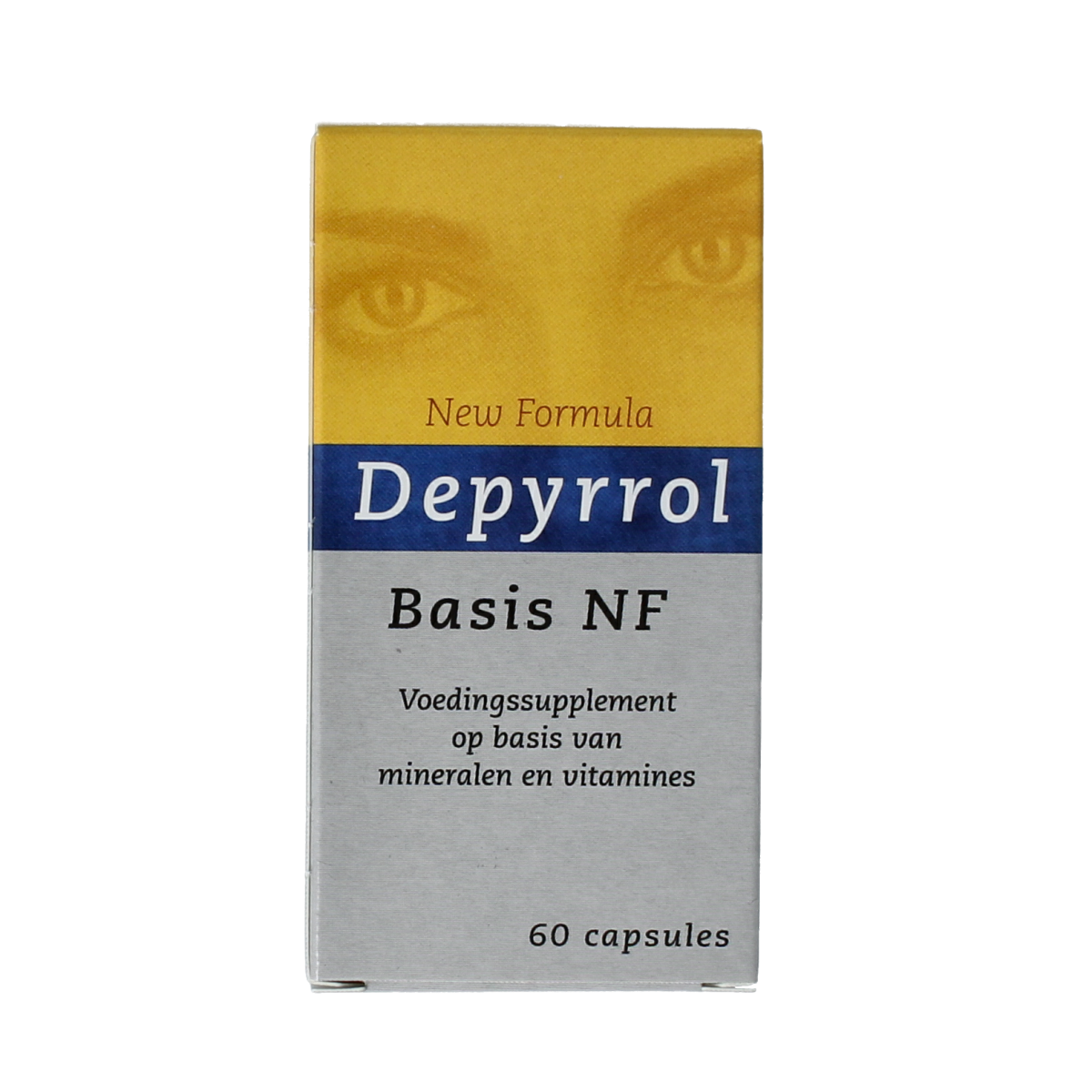 Depyrrol Basis NF mineral supplement capsules, showing a bottle of Depyrrol multi-mineral capsules with label and capsules inside.