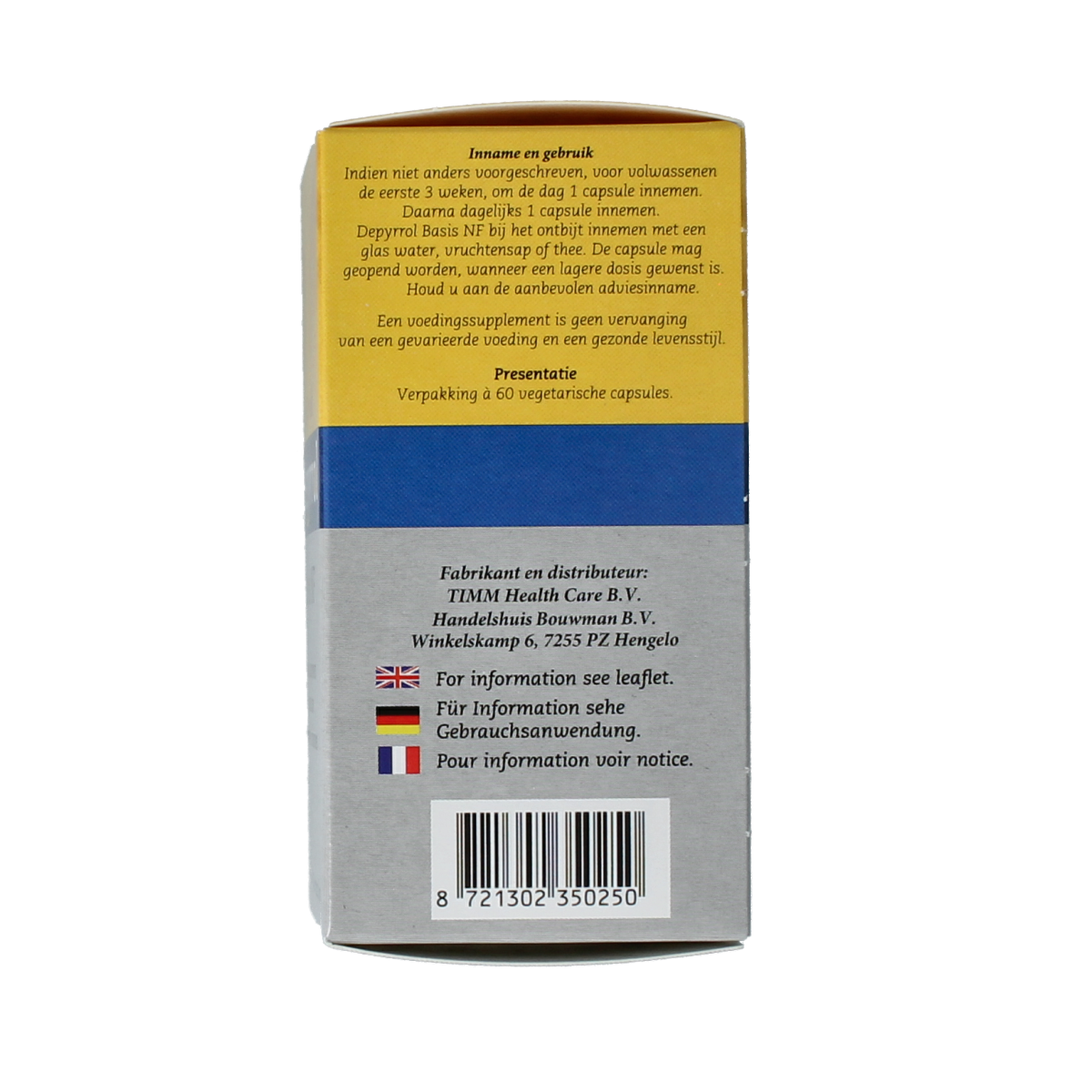 Depyrrol Basis NF mineral supplement capsules, showing a bottle of Depyrrol multi-mineral capsules with label and capsules inside.
