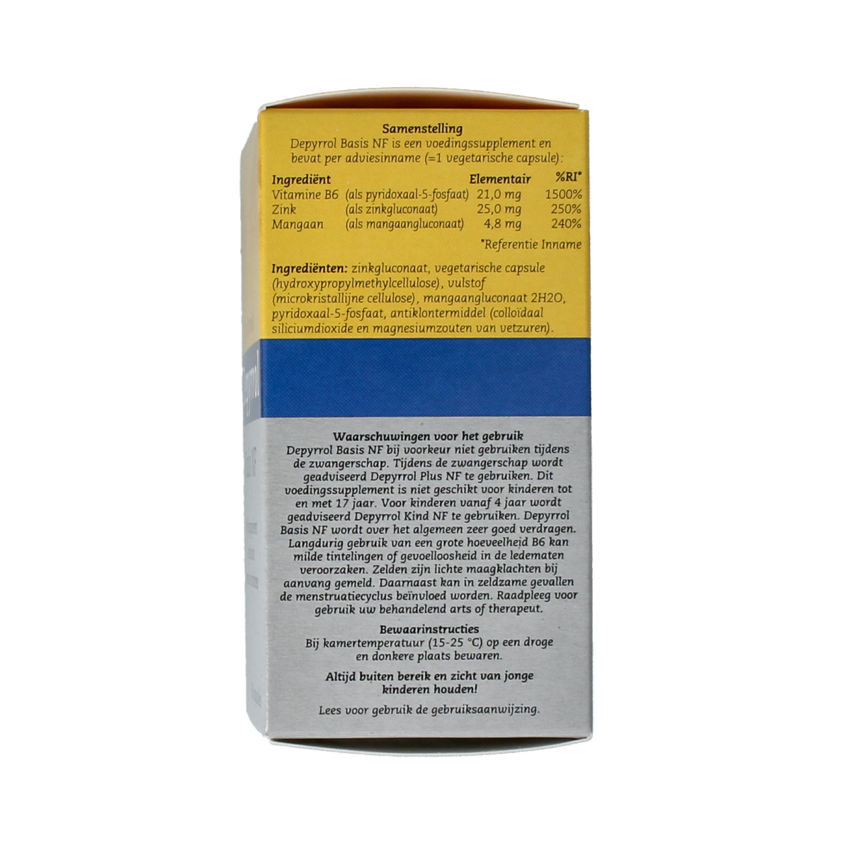 Depyrrol Basis NF mineral multivitamin capsules in a bottle, dietary supplement for overall mineral support.