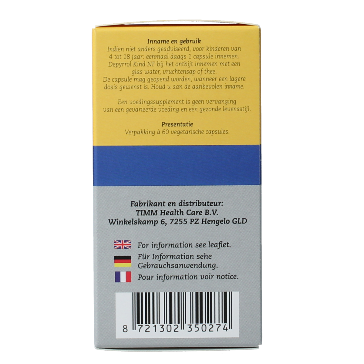 Depyrrol Multi voor kids NF vitamin multivitamin capsules, showing colorful capsules in a blister pack.