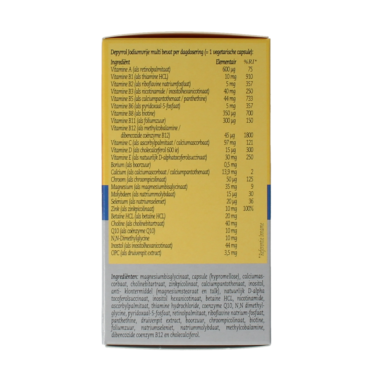 Depyrrol Multi iodine-free vitamin multivitamin capsules, 60-count, showing the white capsules on the bottle label.