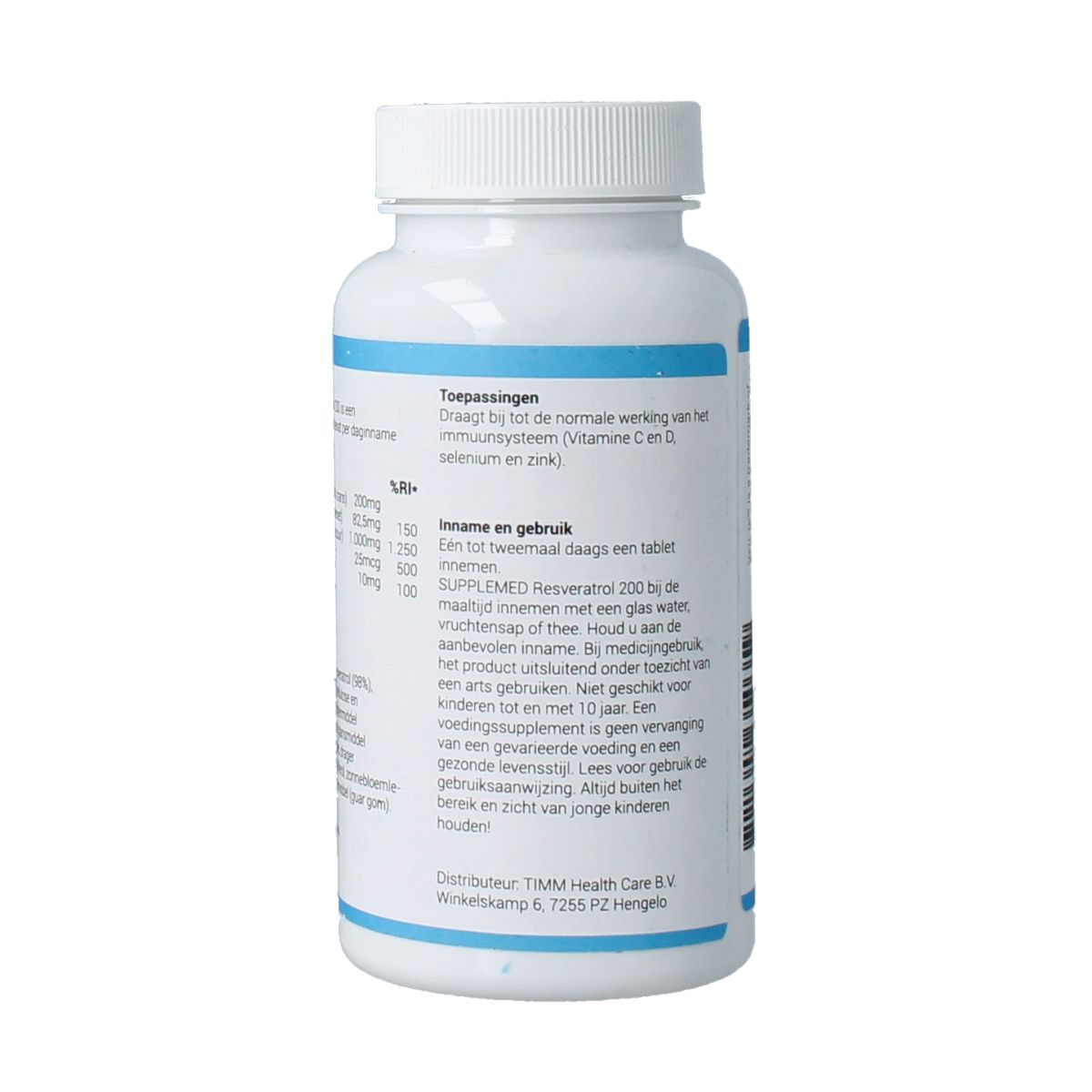 Supplemed Resveratrol 200 mg supplement tablets in a bottle, part of herbal preparations, showing the product label and capsules.