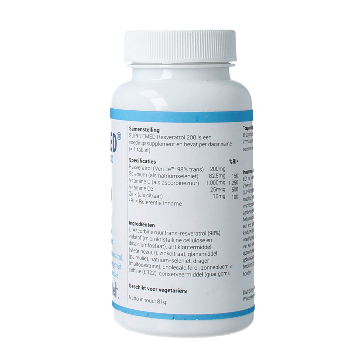 Supplemed Resveratrol 200 tablets, herbal supplement in a white bottle with label, showing 60 tablets inside.