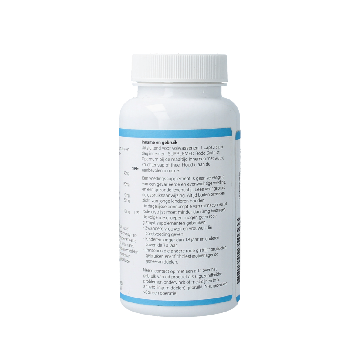 Supplemed Supplemed Rode gistrijst capsules, herbal supplement in a clear bottle with white cap, labeled "Optimum 60.00 Capsules"