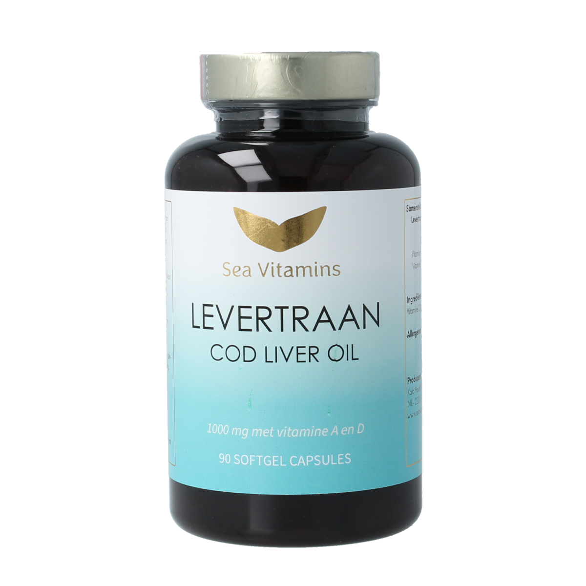 Sea Vitamins Levertraan softgel capsules containing omega-3 fatty acids, shown in a clear container.