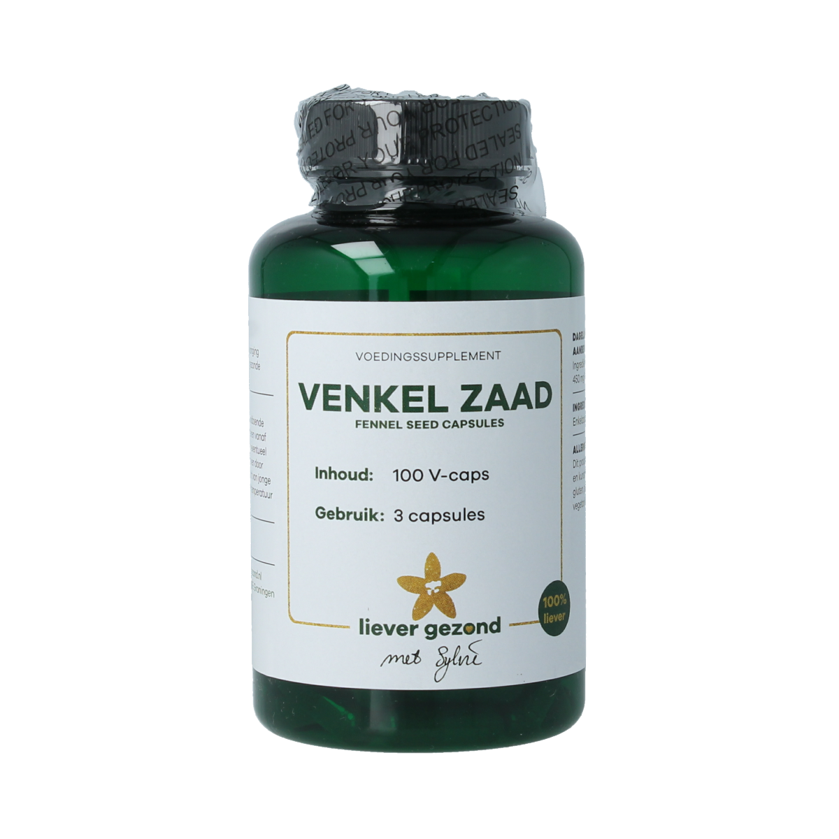 Liever Gezond vegetarian fennel seed capsules, dietary supplement with fennel seed in a clear capsule, 100-count.