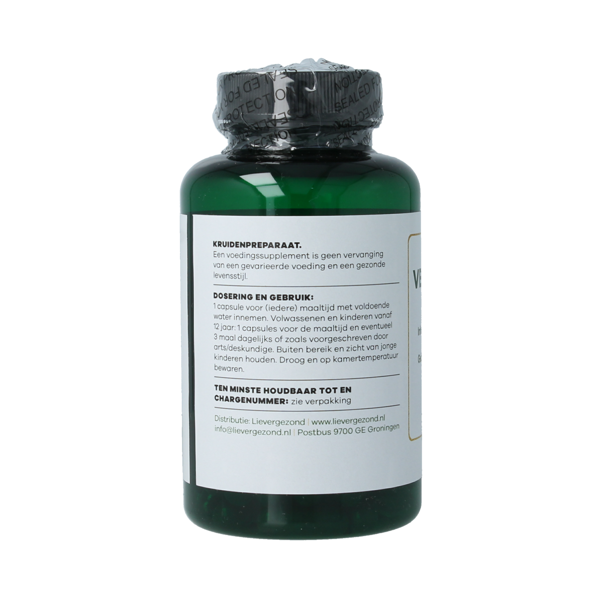 Liever Gezond vegetarian fennel seed capsules, dietary supplement in a clear plastic bottle with capsules visible inside.