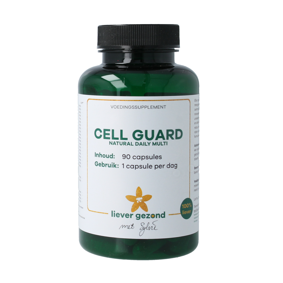 Liever Gezond Natural daily multivitamin capsules, vegetarian multi-cell guard supplement, shown in a transparent container.