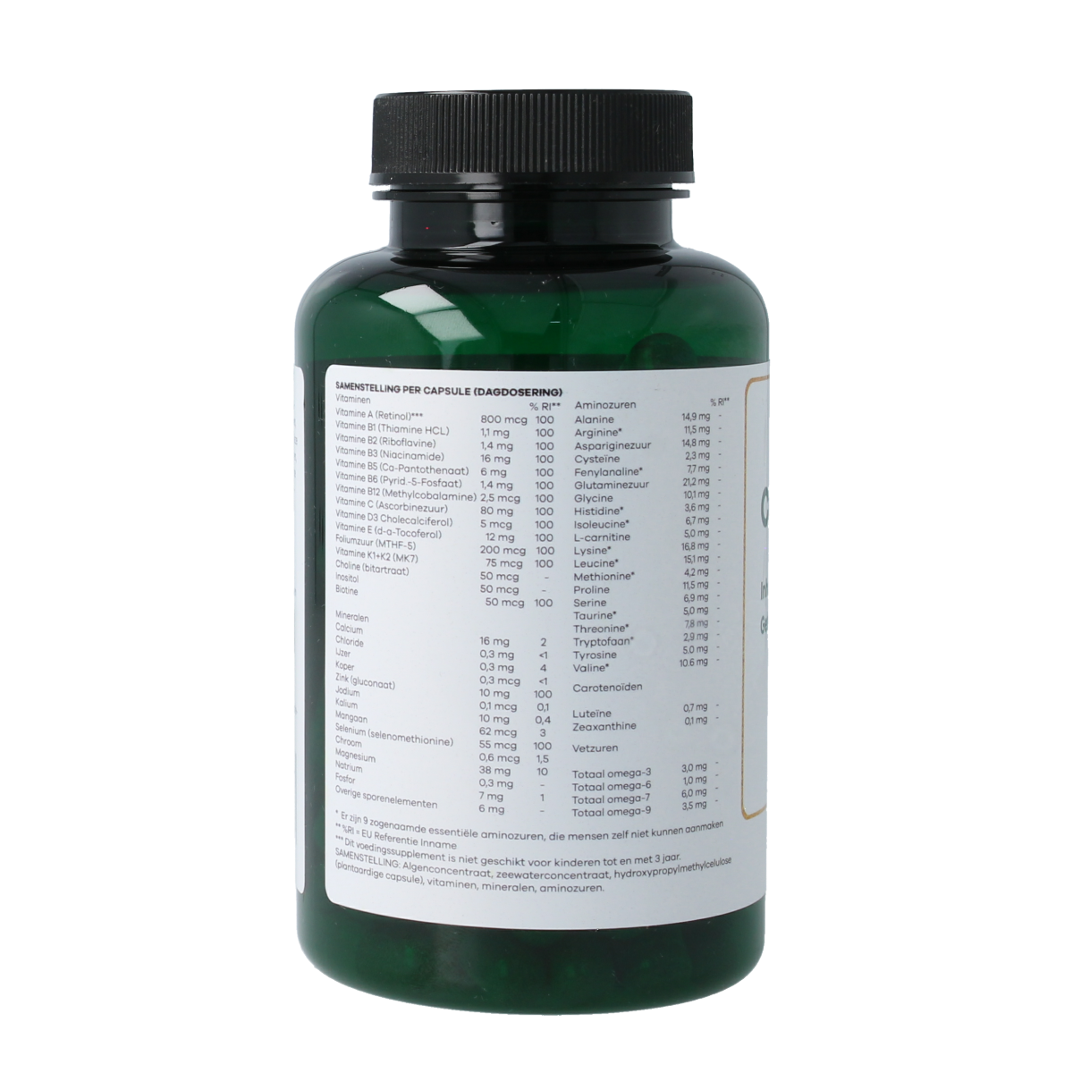 Liever Gezond Natural daily multivitamin capsules, vegetarian multi-cell guard supplement in a clear bottle.