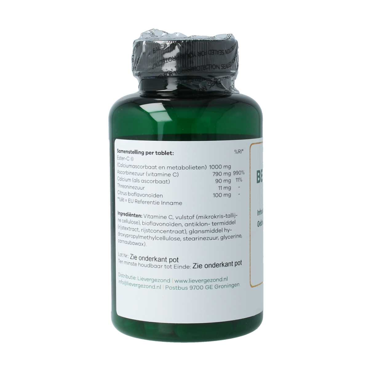 Liever Gezond Cal C 1000 vegetarian capsules, multi-vitamin supplement with gentle vitamin C, shown in a bottle.