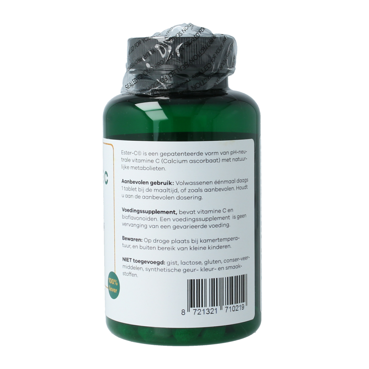 Liever Gezond Cal C 1000 vegetarian capsules, multi-vitamin supplement with gentle vitamin C, shown in a clear bottle.
