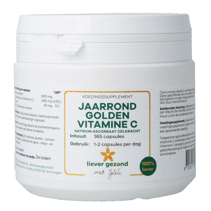 Liever Gezond Vitamine C capsules in a bottle, dietary supplement for daily immune support, natural vitamin C.
