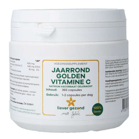 Liever Gezond Vitamine C capsules in a bottle, dietary supplement for daily immune support, natural vitamin C.