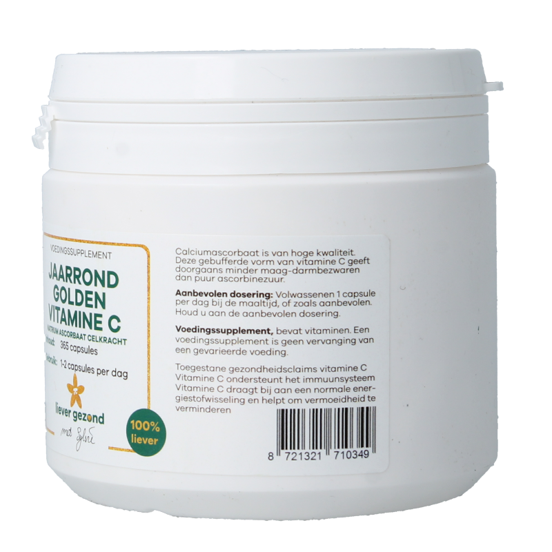 Liever Gezond Vitamin C capsules in a clear bottle, showing 365 capsules for daily immune support and health.