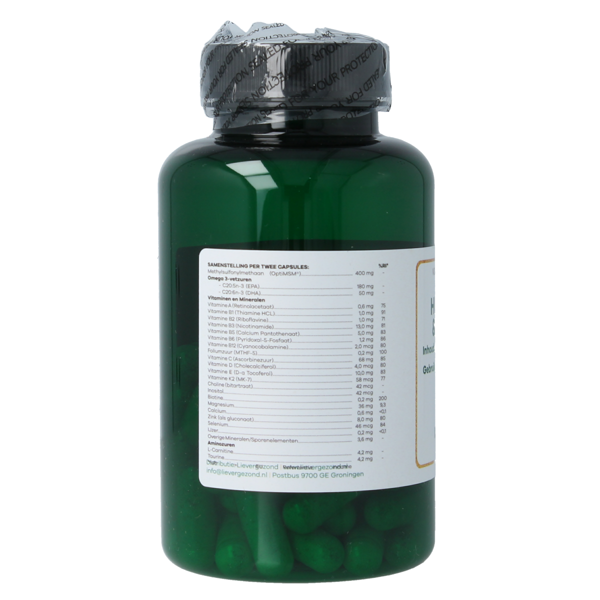 Liever Gezond Vegetarische capsules for healthy skin, hair, and nails, dietary supplement in a white bottle with label