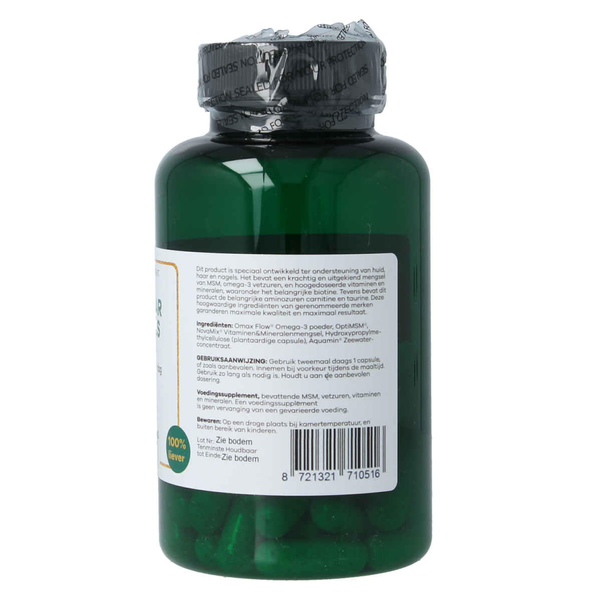 Liever Gezond vegetarian supplement capsules for healthy skin, hair, and nails, shown in a bottle with capsules inside.