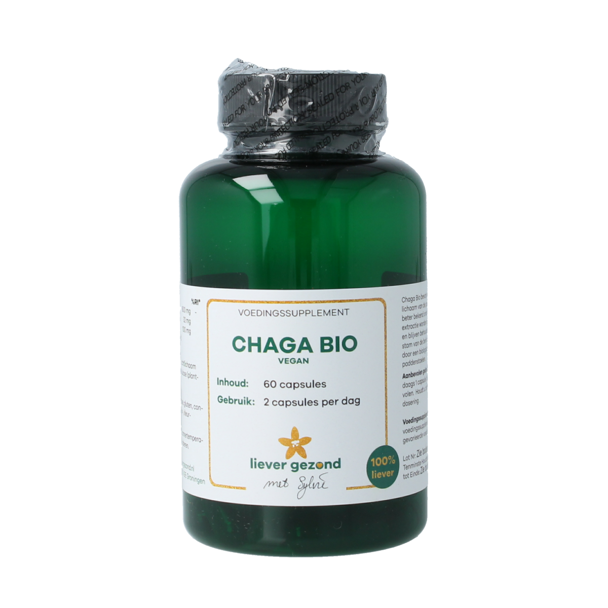 Liever Gezond vegan Chaga supplement in vegetarian capsules, 400mg, organic, 60 capsules displayed in the image.